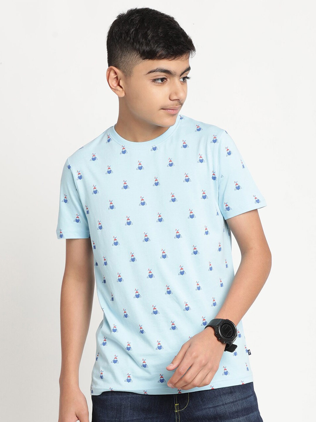 

Indian Terrain Boys Conversational Printed Slim Fit Pure Cotton T-shirt, Blue