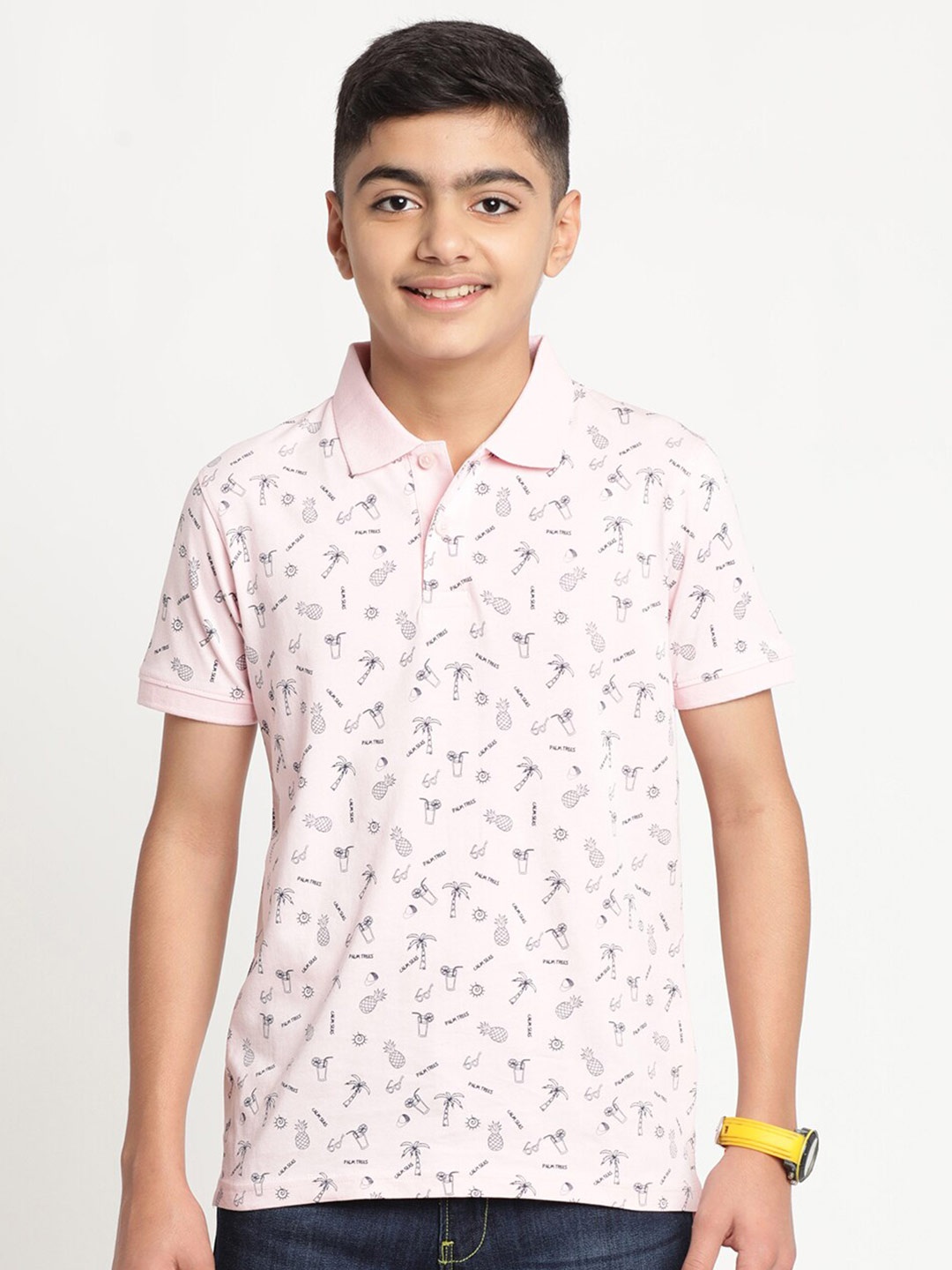 

Indian Terrain Boys Printed Polo Collar Slim Fit Pure Cotton T-shirt, Pink