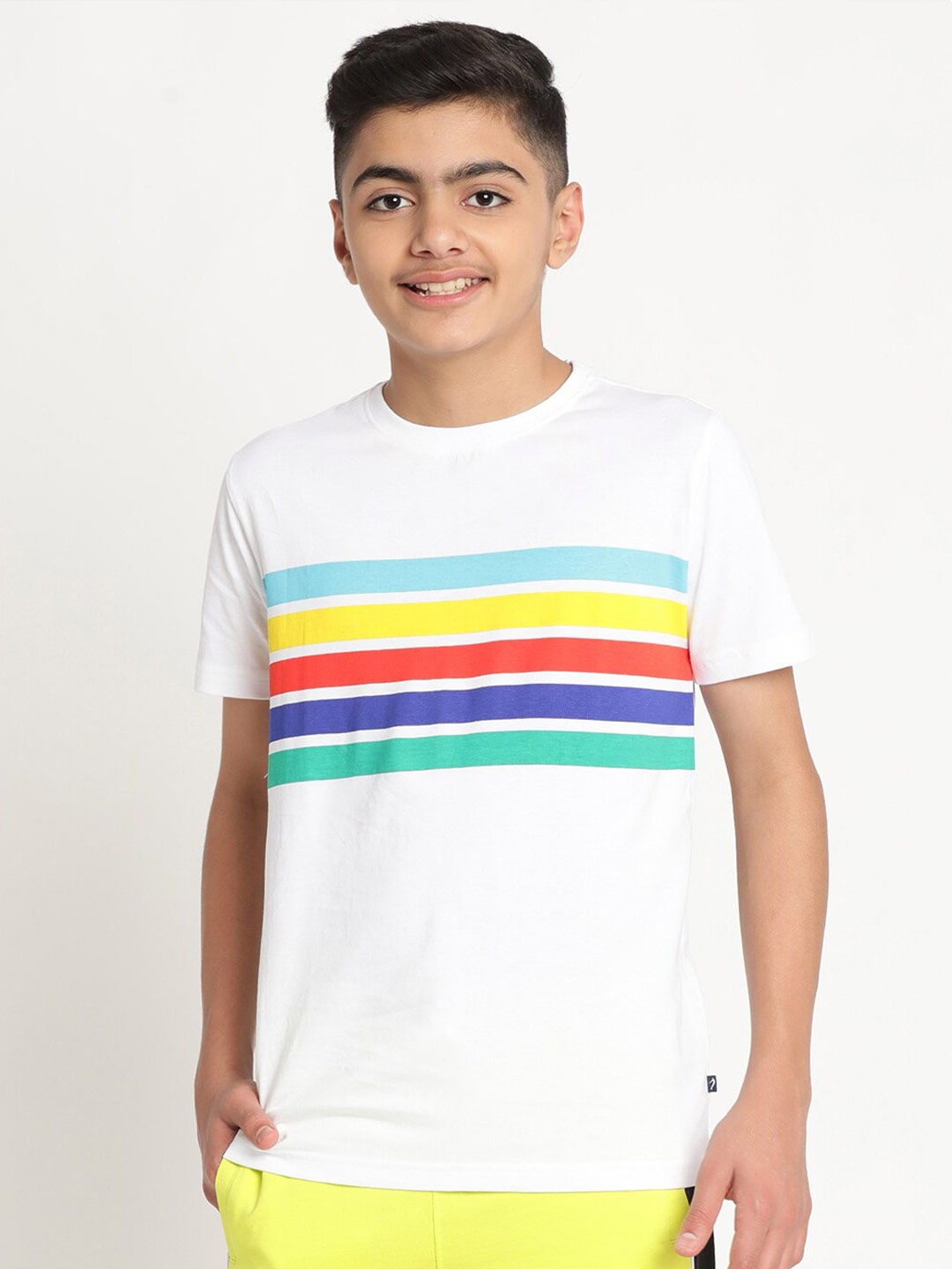 

Indian Terrain Boys Striped Slim Fit Pure Cotton T-shirt, White