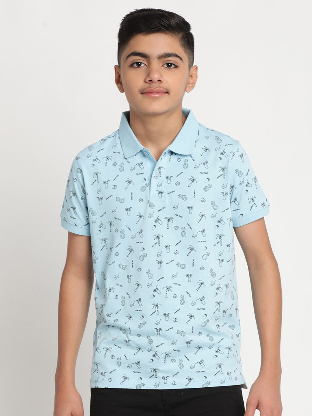 

Indian Terrain Boys Printed Polo Collar Slim Fit Pure Cotton T-shirt, Blue