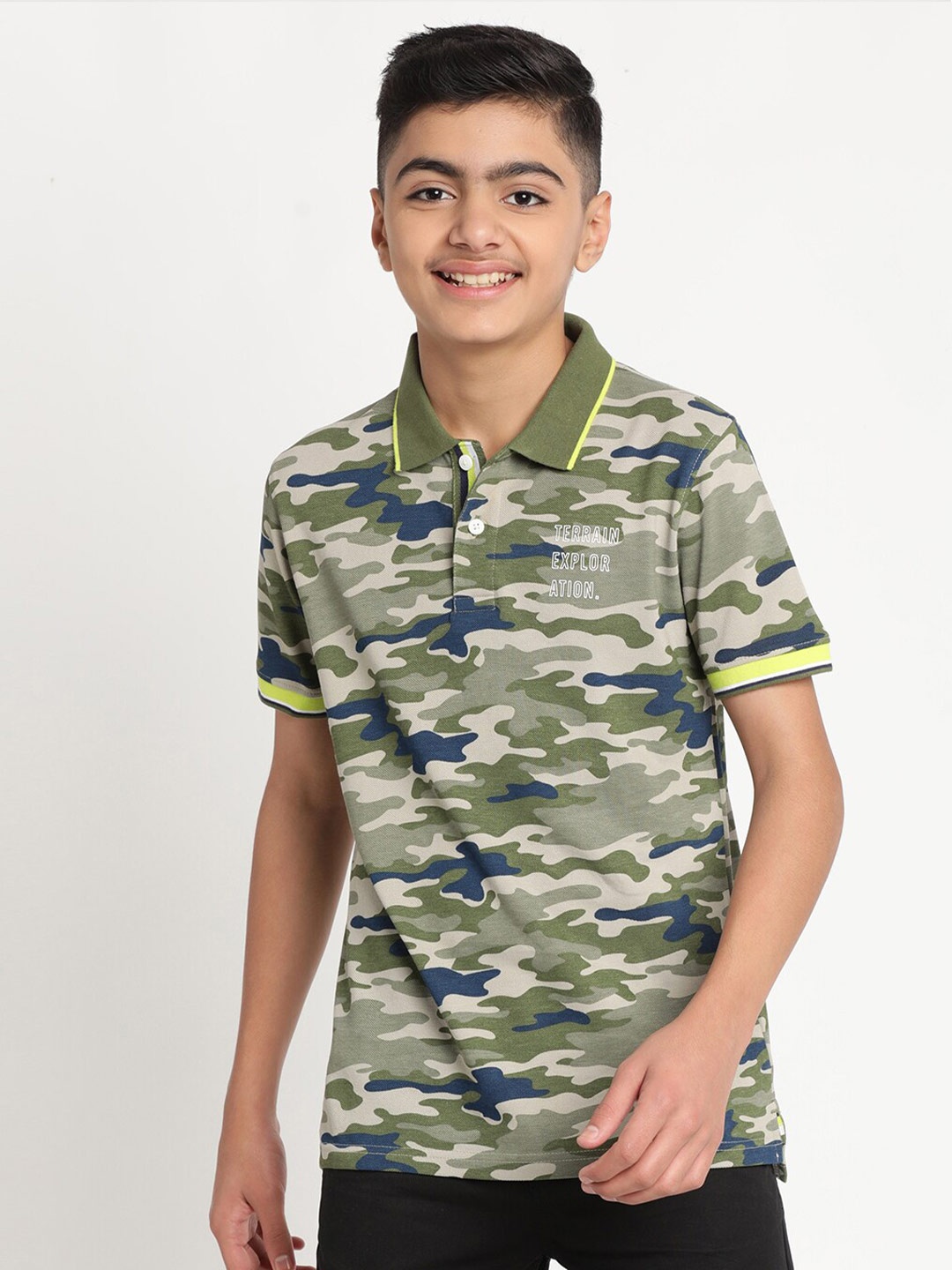 

Indian Terrain Boys Printed Polo Collar Slim Fit Pure Cotton T-shirt, Olive