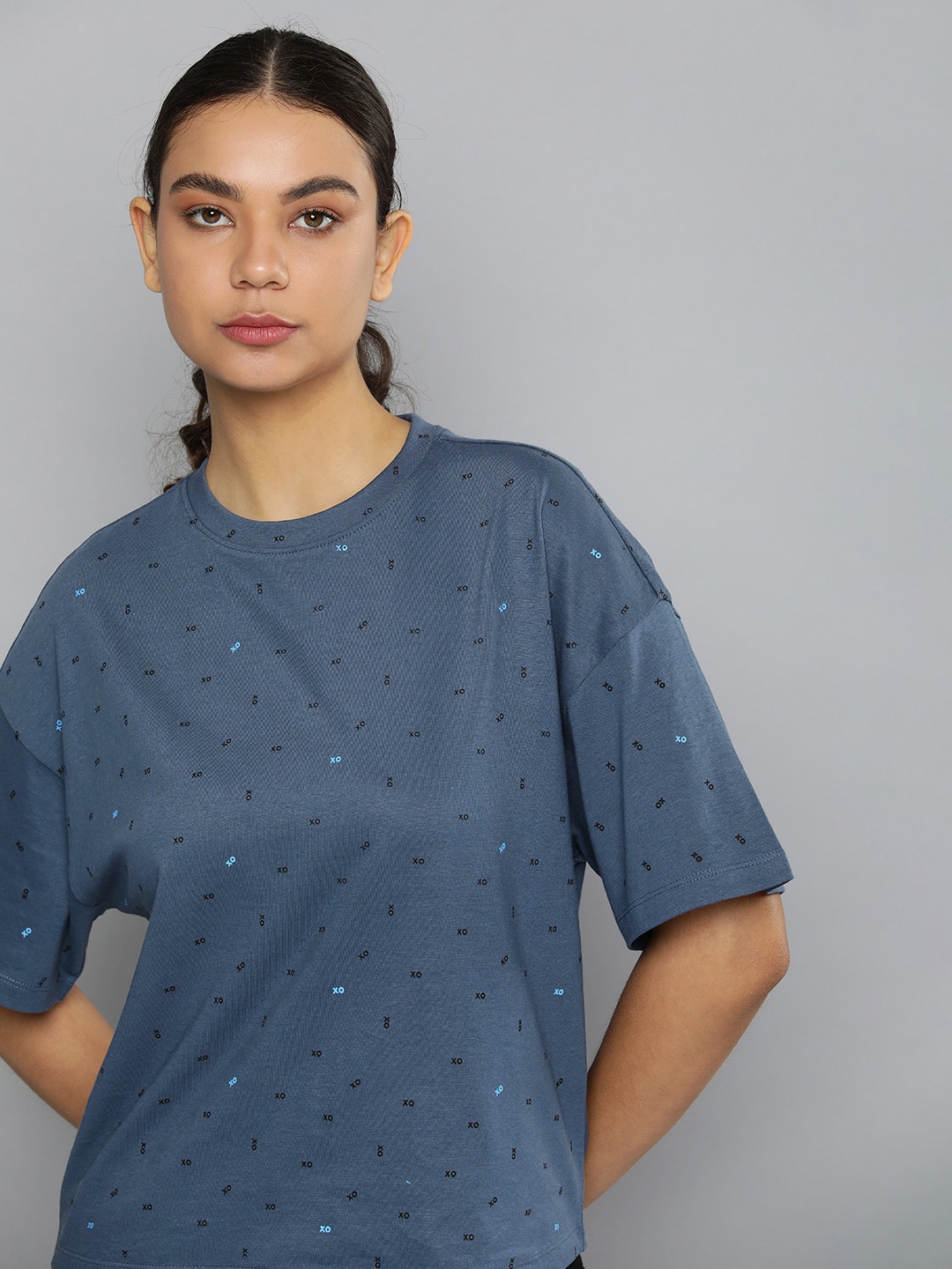 

ether Women Printed Boxy T-shirt, Navy blue