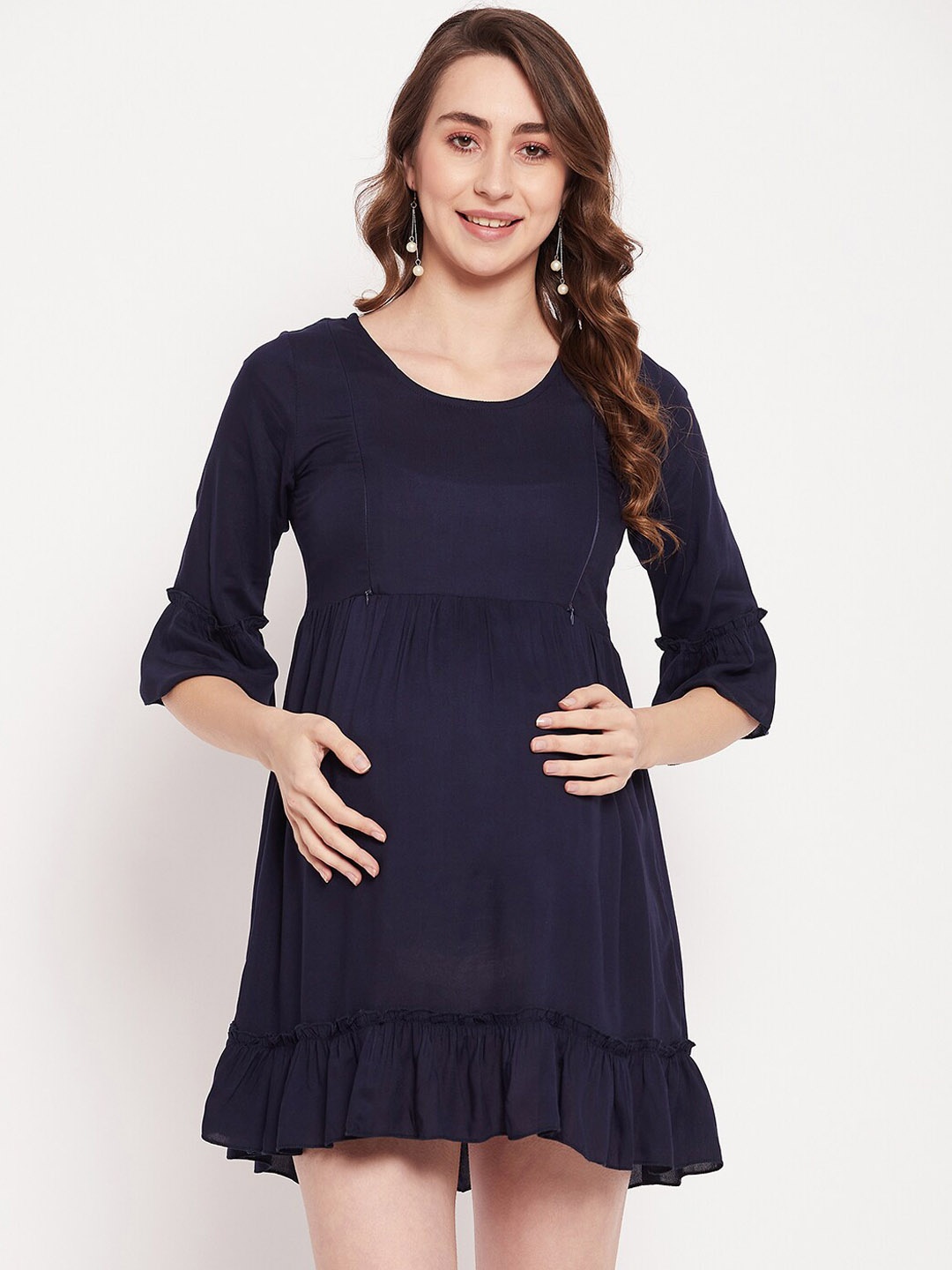

NABIA Bell Sleeves Flounce Mini Maternity Empire Dress, Navy blue