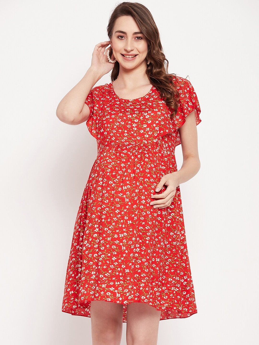 

NABIA Floral Fit & Flare Printed Maternity & Nursing Dress, Red