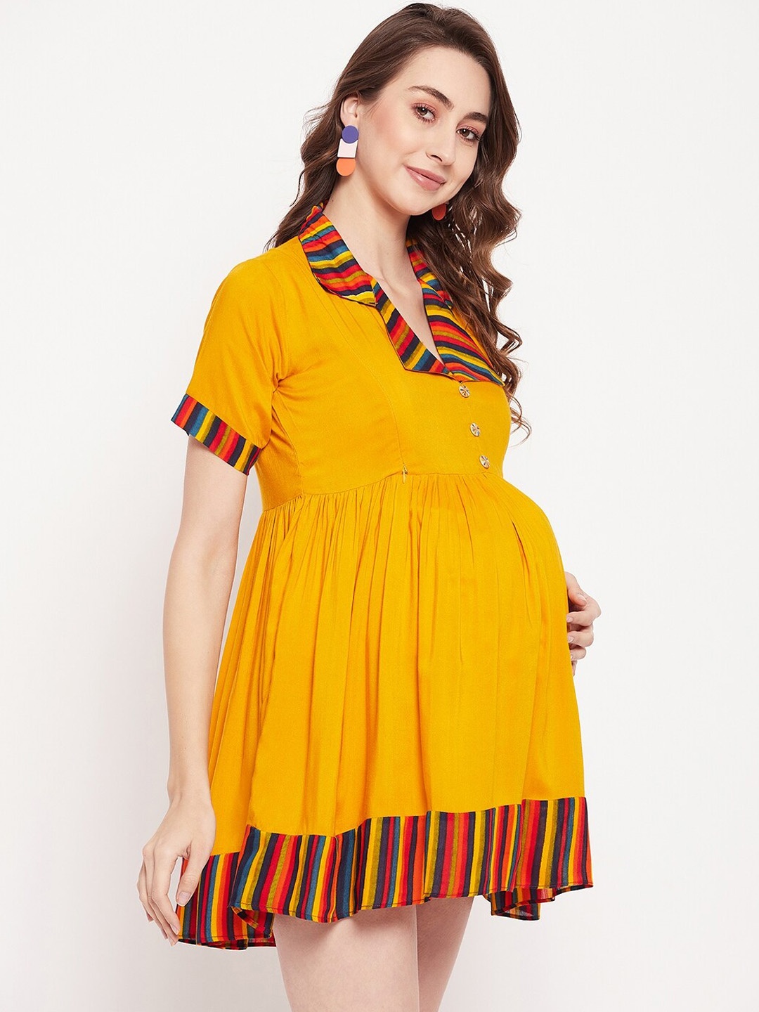 NABIA Women Shirt Collar Above Knee Length Maternity Dress, Yellow