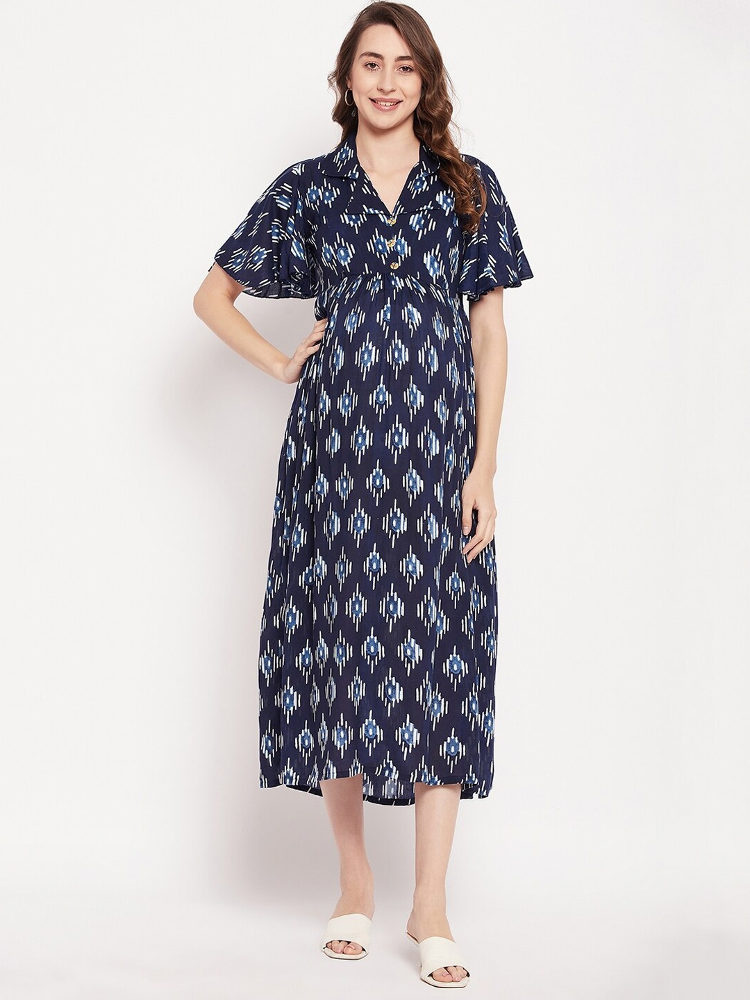 

NABIA Abstract Printed Flared Sleeves Shirt Collar Maternity Empire Midi Dress, Navy blue