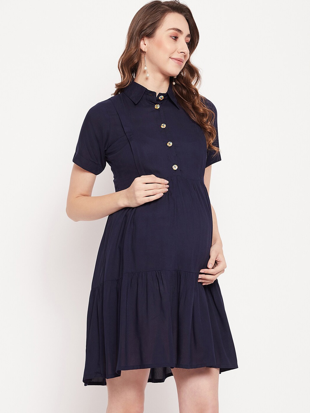 

NABIA Tiered Maternity Shirt Dress, Navy blue