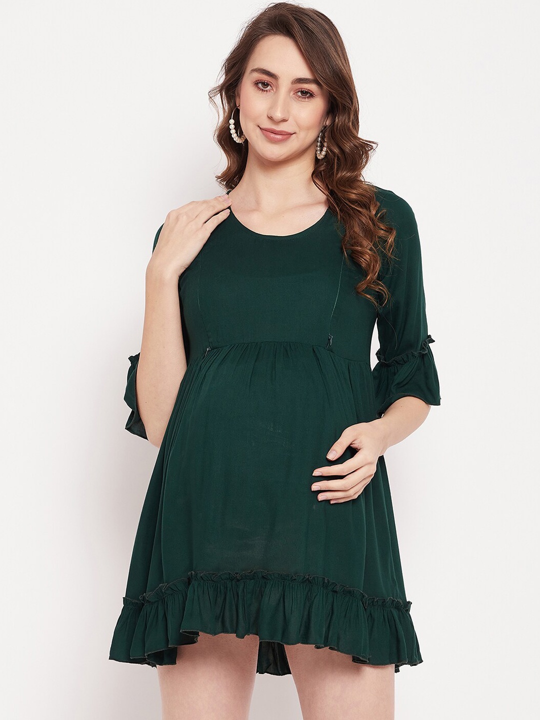 

NABIA Bell Sleeves Flounce Mini Maternity Empire Dress, Green