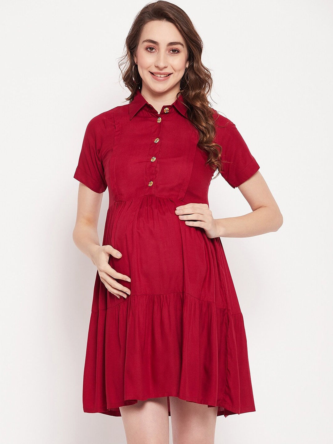 

NABIA Tiered Maternity Shirt Dress, Maroon