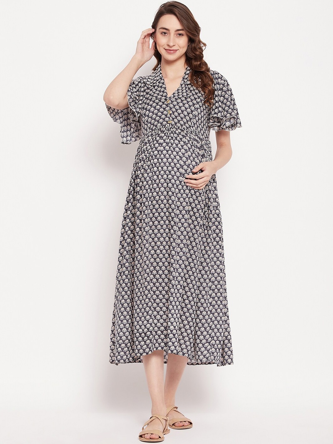 

NABIA Floral Printed Flared Sleeves Shirt Collar Maternity Empire Midi Dress, Black