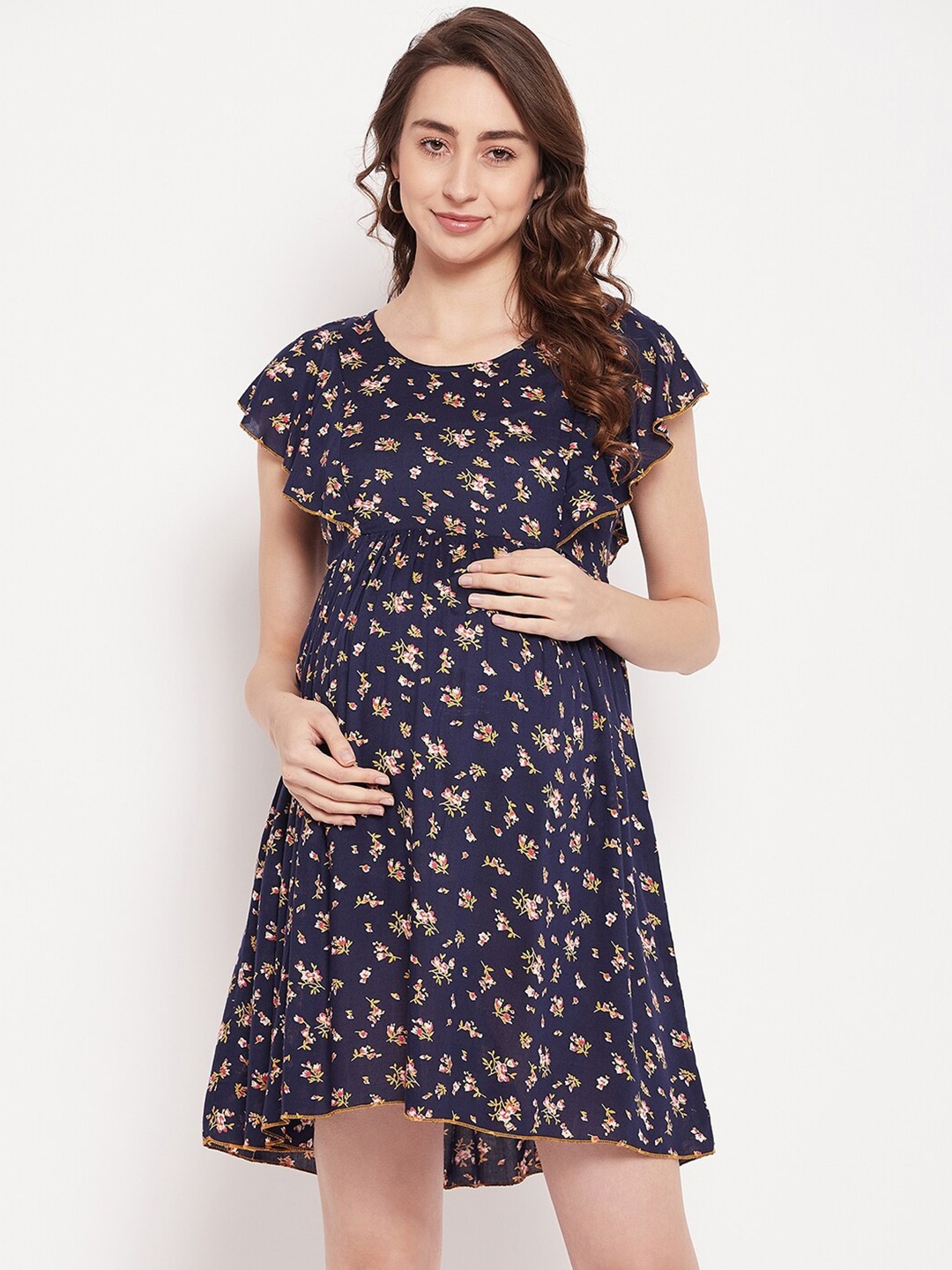 

NABIA Floral Printed Flared Sleeves Maternity Empire Dress, Navy blue
