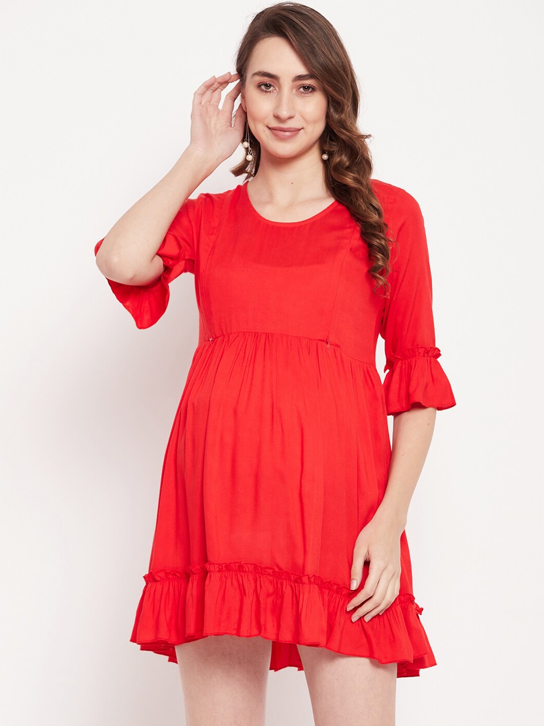 

NABIA Bell Sleeves Flounce Mini Maternity Empire Dress, Red