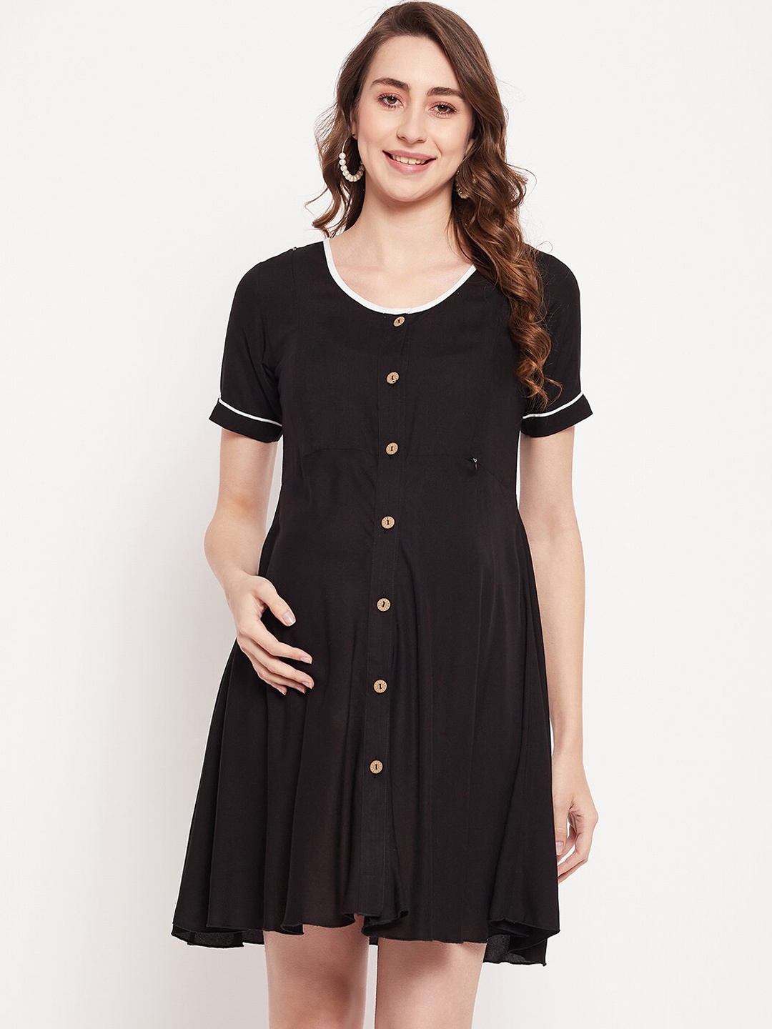 

NABIA Short Sleeves Mini Maternity Fit & Flare Dress, Black