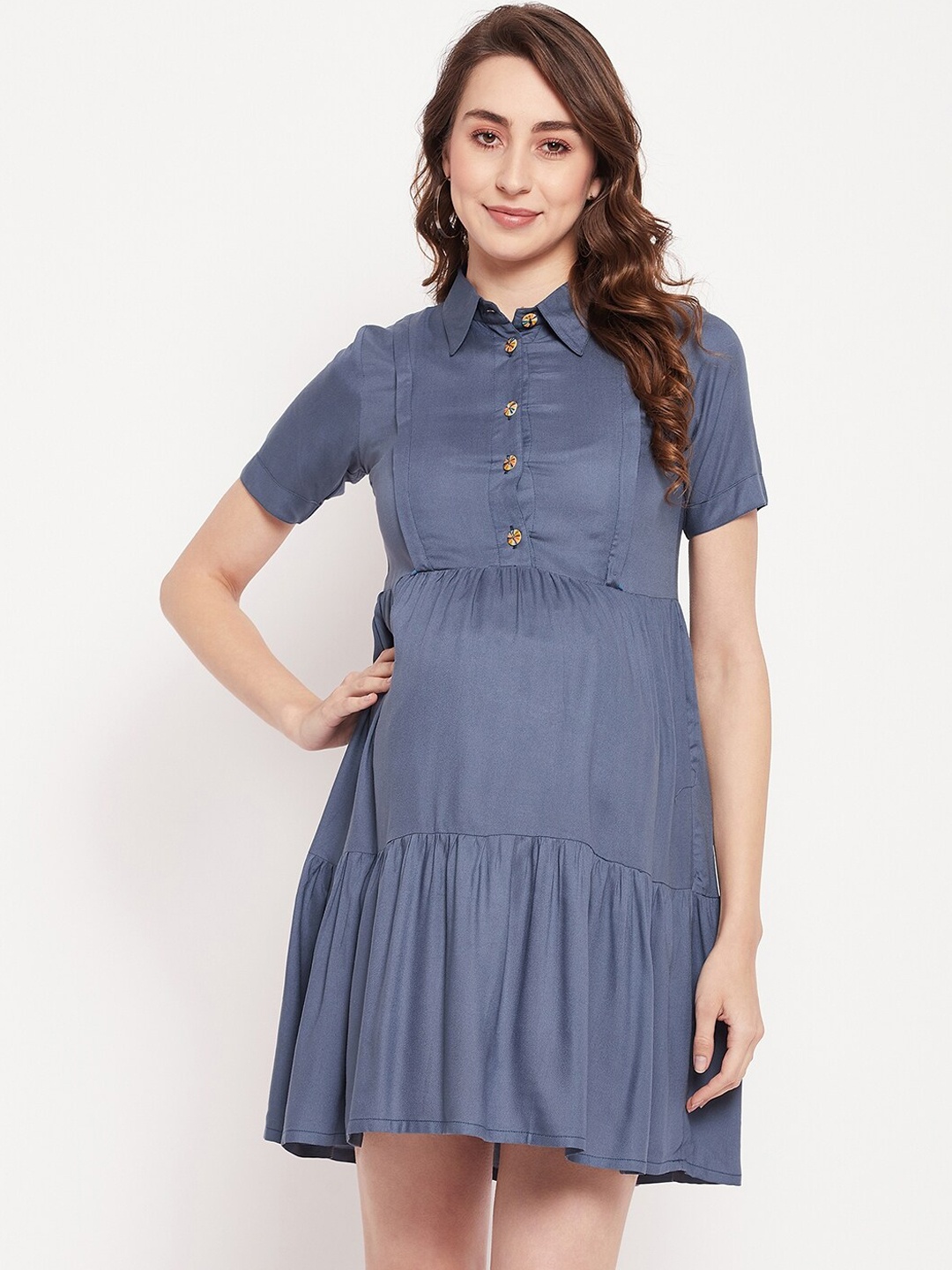 

NABIA Tiered Short Sleeves Maternity Shirt Dress, Grey