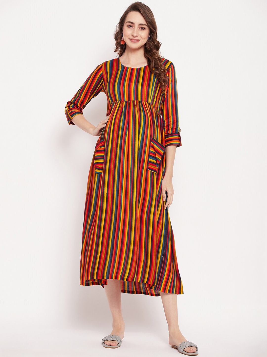

NABIA Fit & Flare Striped Maternity Dress, Orange