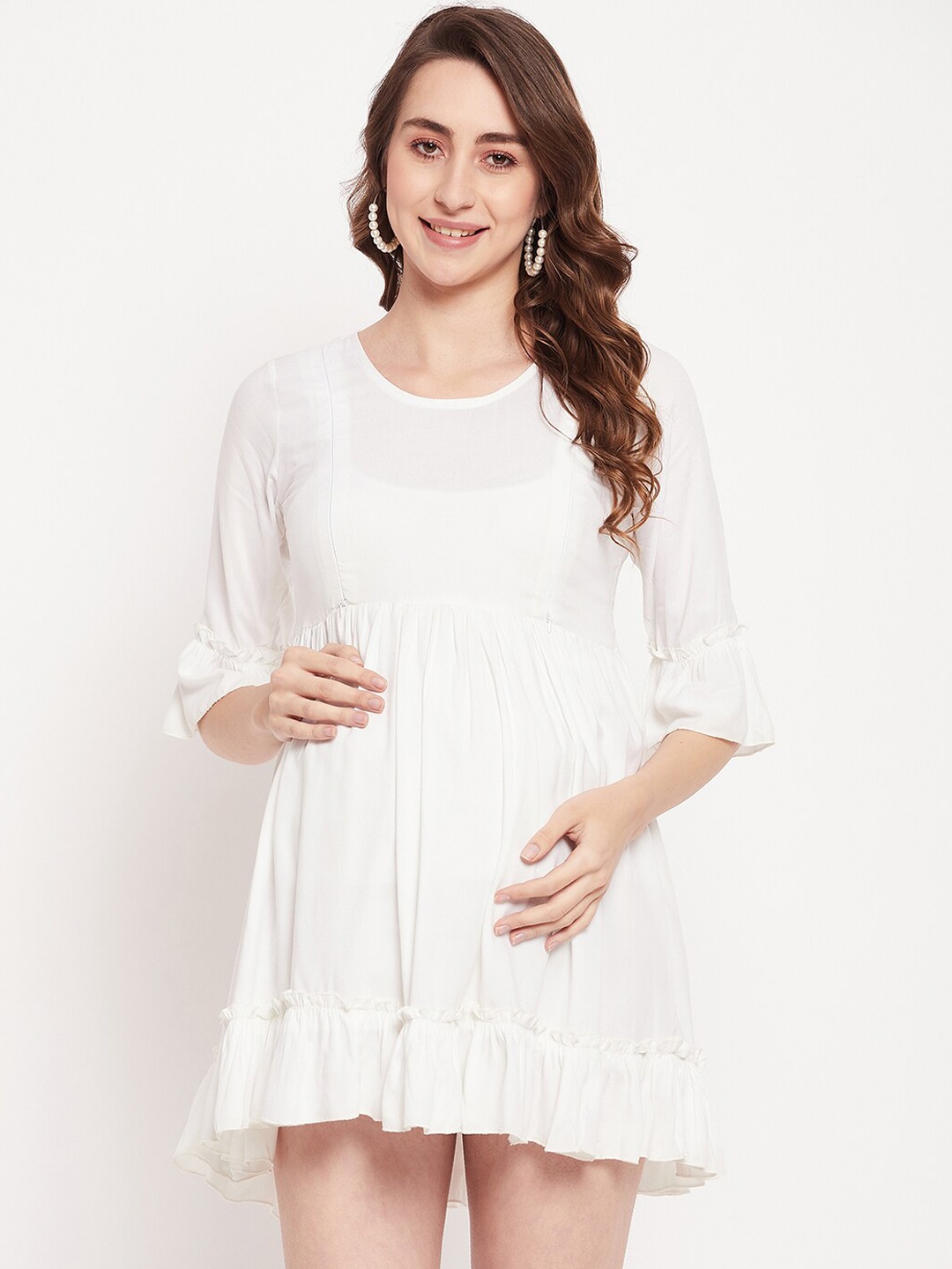 

NABIA Maternity Bell Sleeves Flounce Mini Empire Dress, White