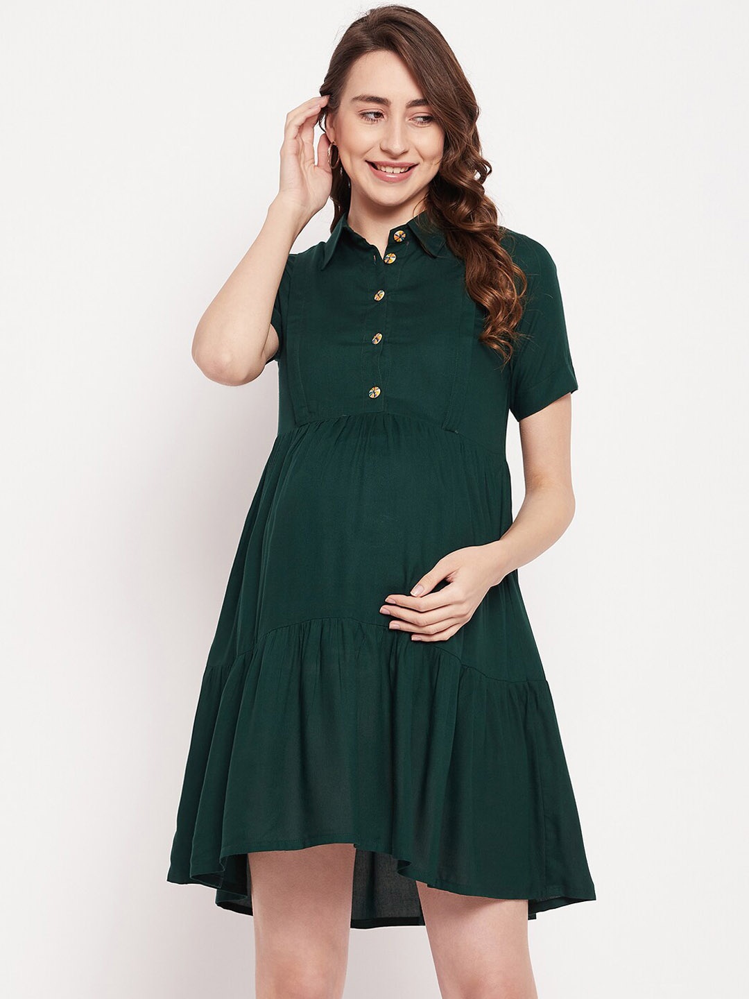 

NABIA Shirt Collar Flounce Mini Maternity Fit & Flare Dress, Green