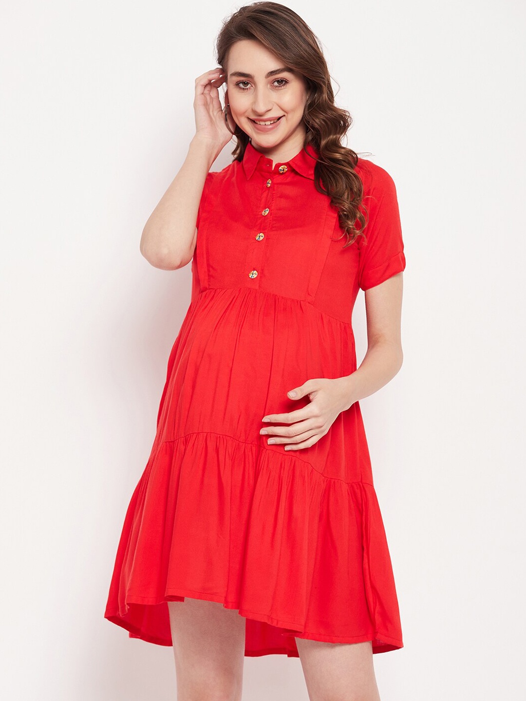

NABIA Tiered Maternity Shirt Dress, Red
