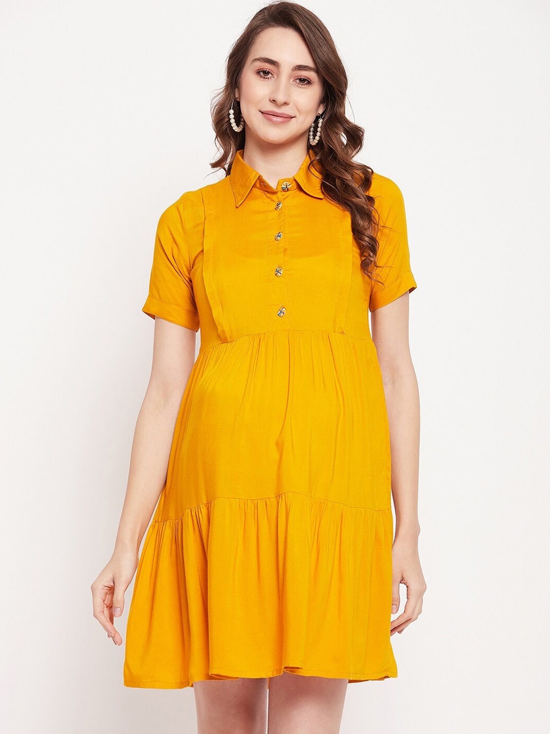 

NABIA Shirt Collar Maternity Shirt Dress, Yellow