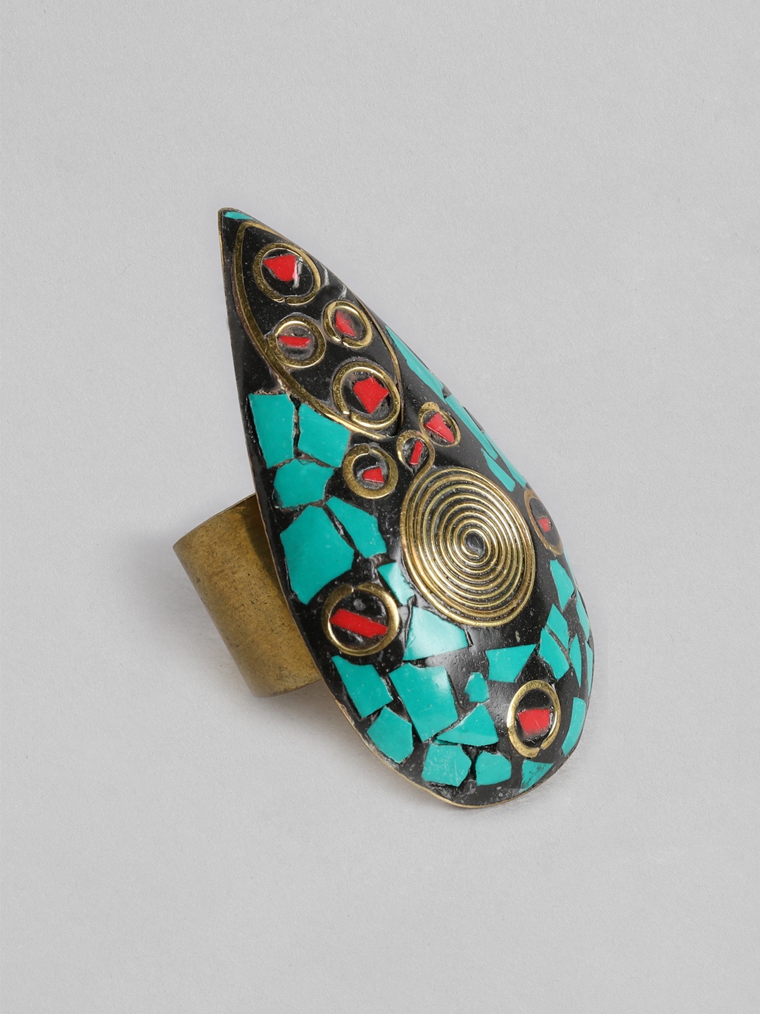 

Rang Gali Turquoise Studded Brass-Plated Tribal Firoza Ring, Multi