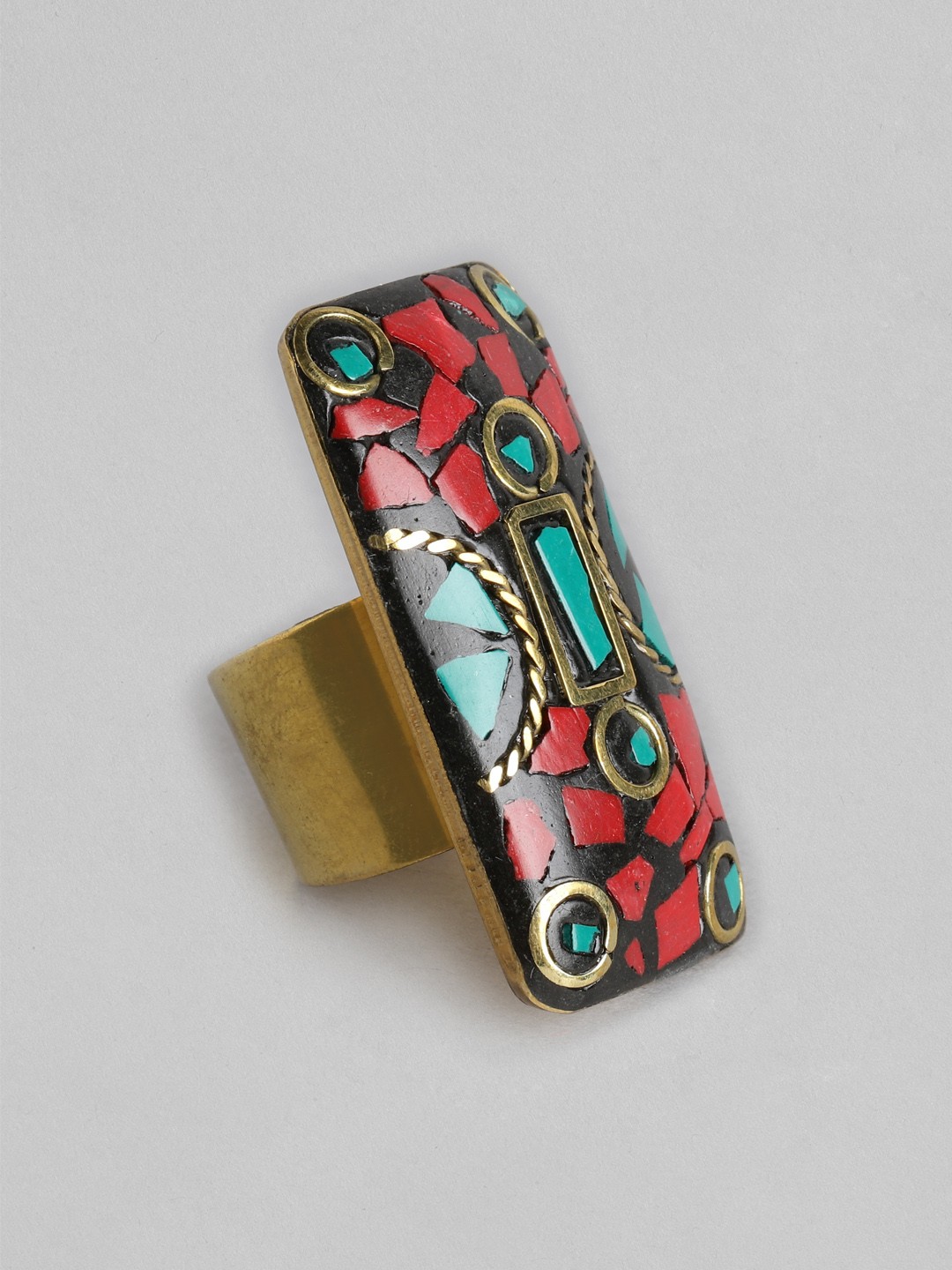 

Rang Gali Women Turquoise Studded Brass-Plated Tribal Firoza Ring, Green