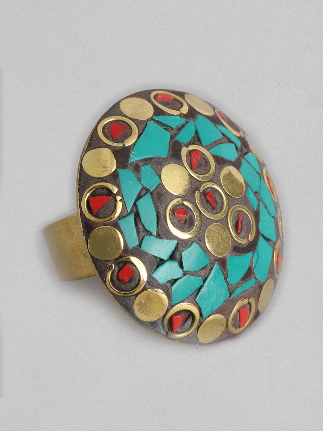 

Rang Gali Women Turquoise Studded Brass-Plated Tribal Firoza Finger Ring, Multi