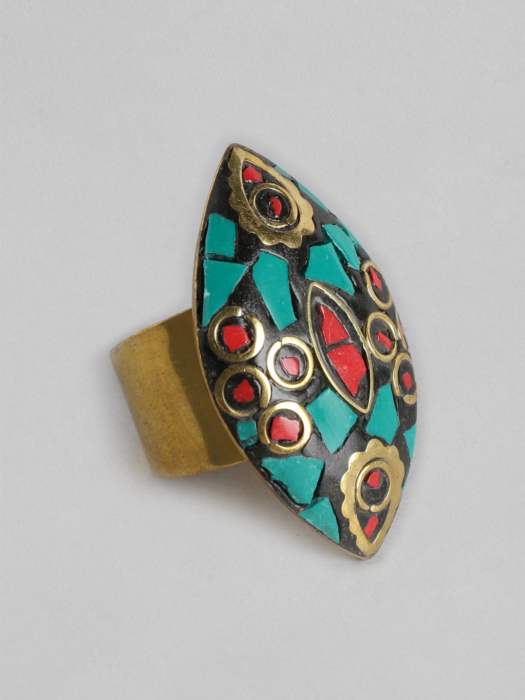 

Rang Gali Women Turquoise Studded Brass-Plated Tribal Firoza Finger Ring, Multi