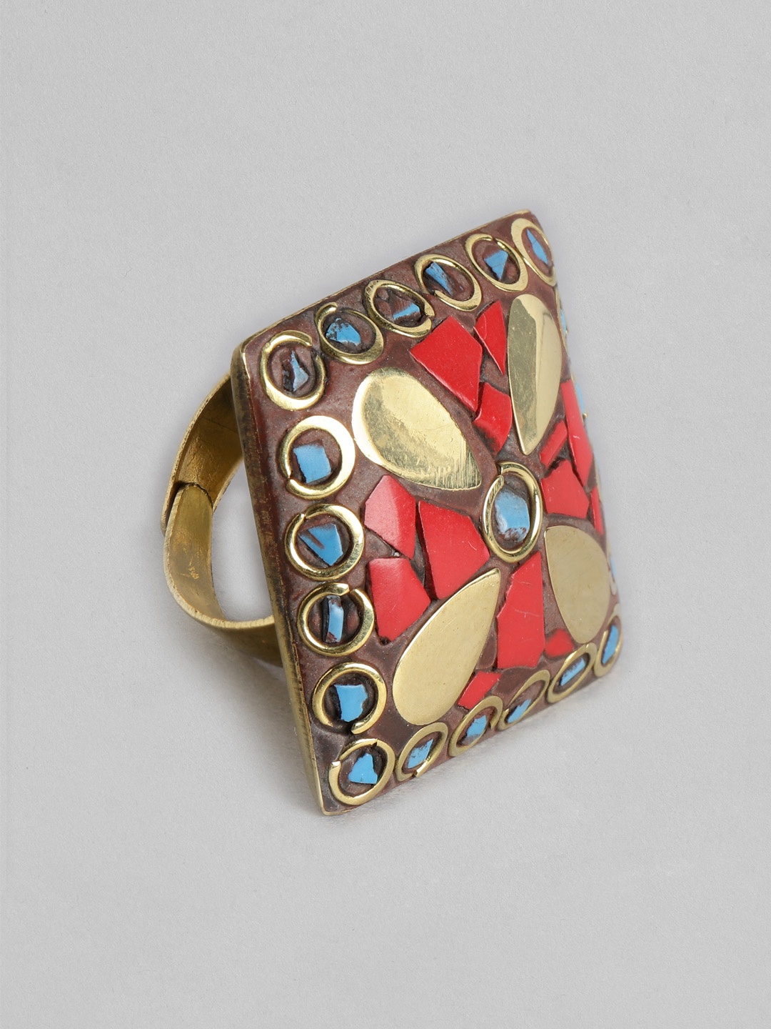 

Rang Gali Women Turquoise Studded Brass-Plated Tribal Firoza Ring, Multi