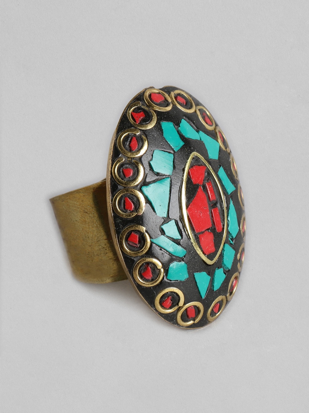 

Rang Gali Women Turquoise Studded Brass-Plated Tribal Firoza Ring, Multi