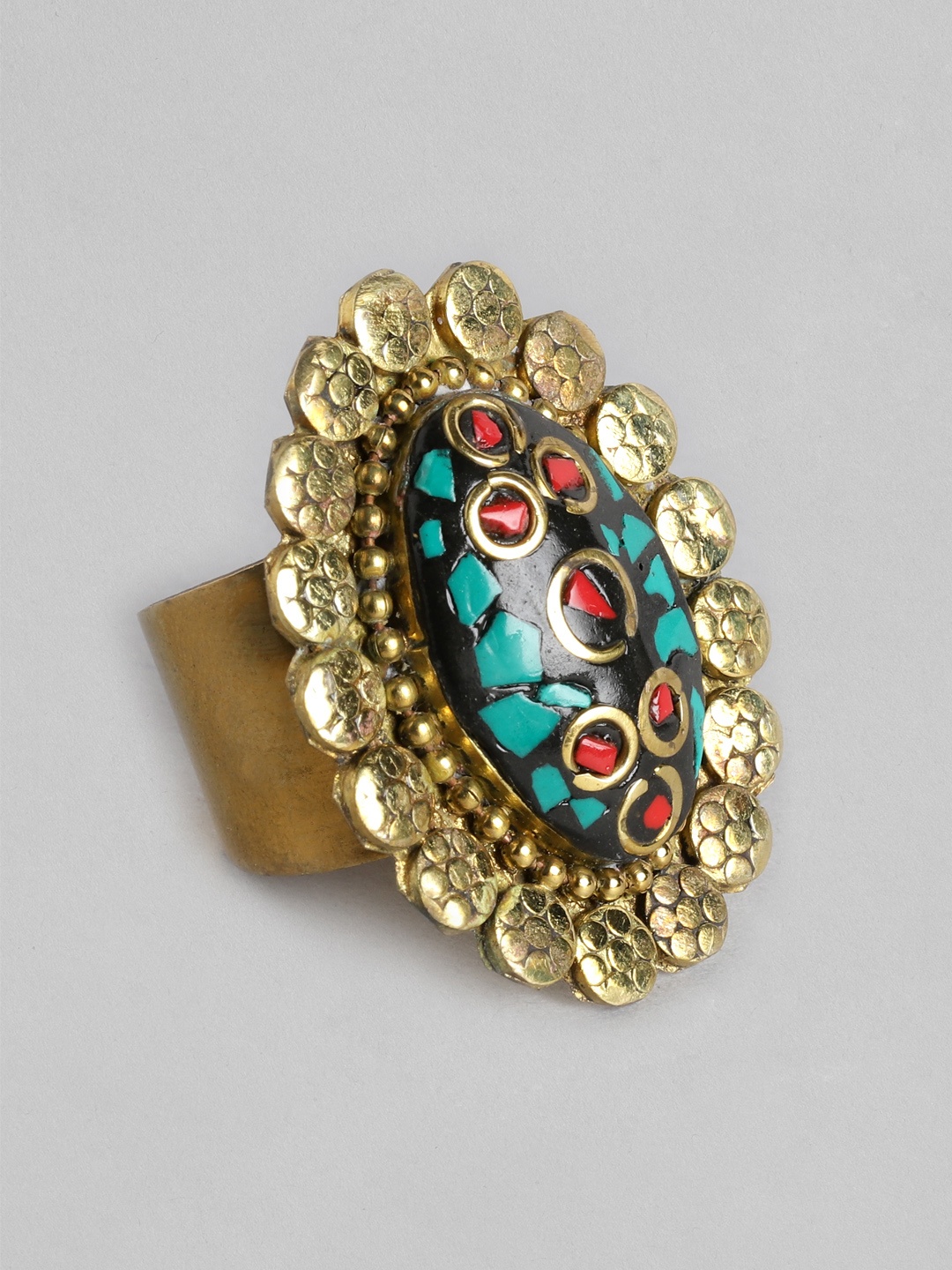 

Rang Gali Women Turquoise Studded Brass-Plated Tribal Firoza Ring, Multi