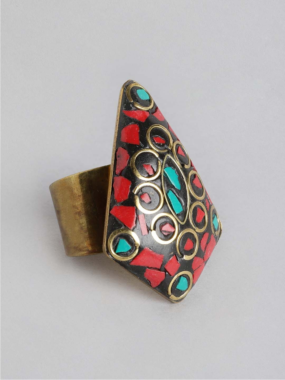 

Rang Gali Women Turquoise Studded Brass-Plated Tribal Firoza Ring, Multi
