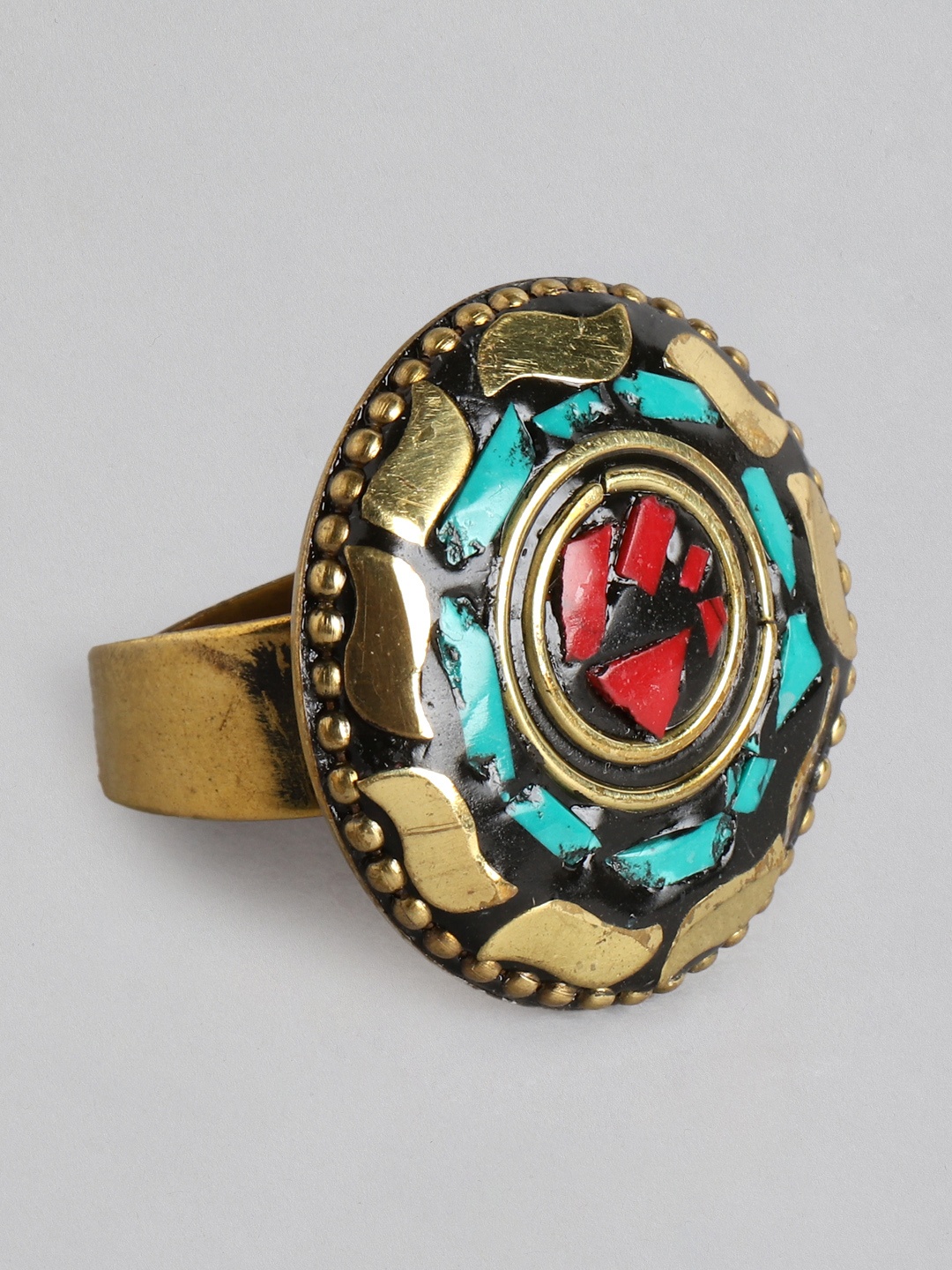 

Rang Gali Women Brass-Plated Turquoise Studded Tribal Firoza Ring, Green