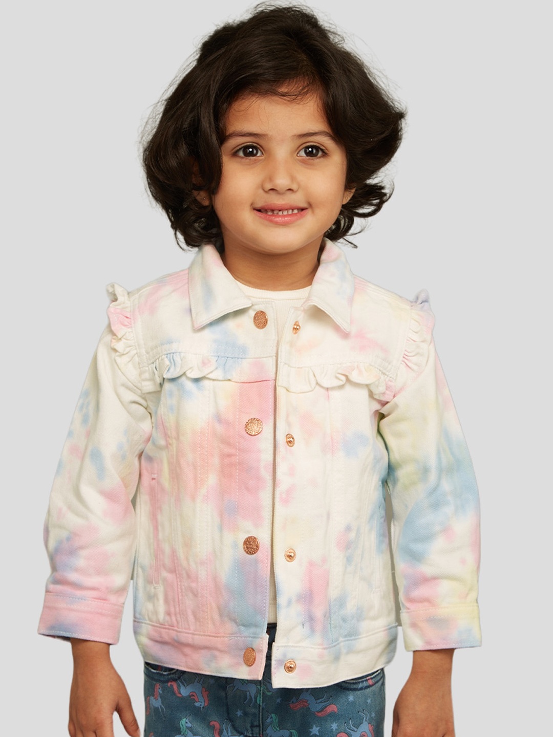 Zalio Girls Tie & Dye Printed Pure Cotton Denim Jacket, White