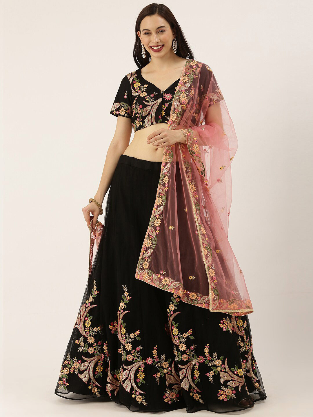 

panchhi Embellished Sequinned Semi-Stitched Lehenga & Unstitched Blouse With Dupatta, Black