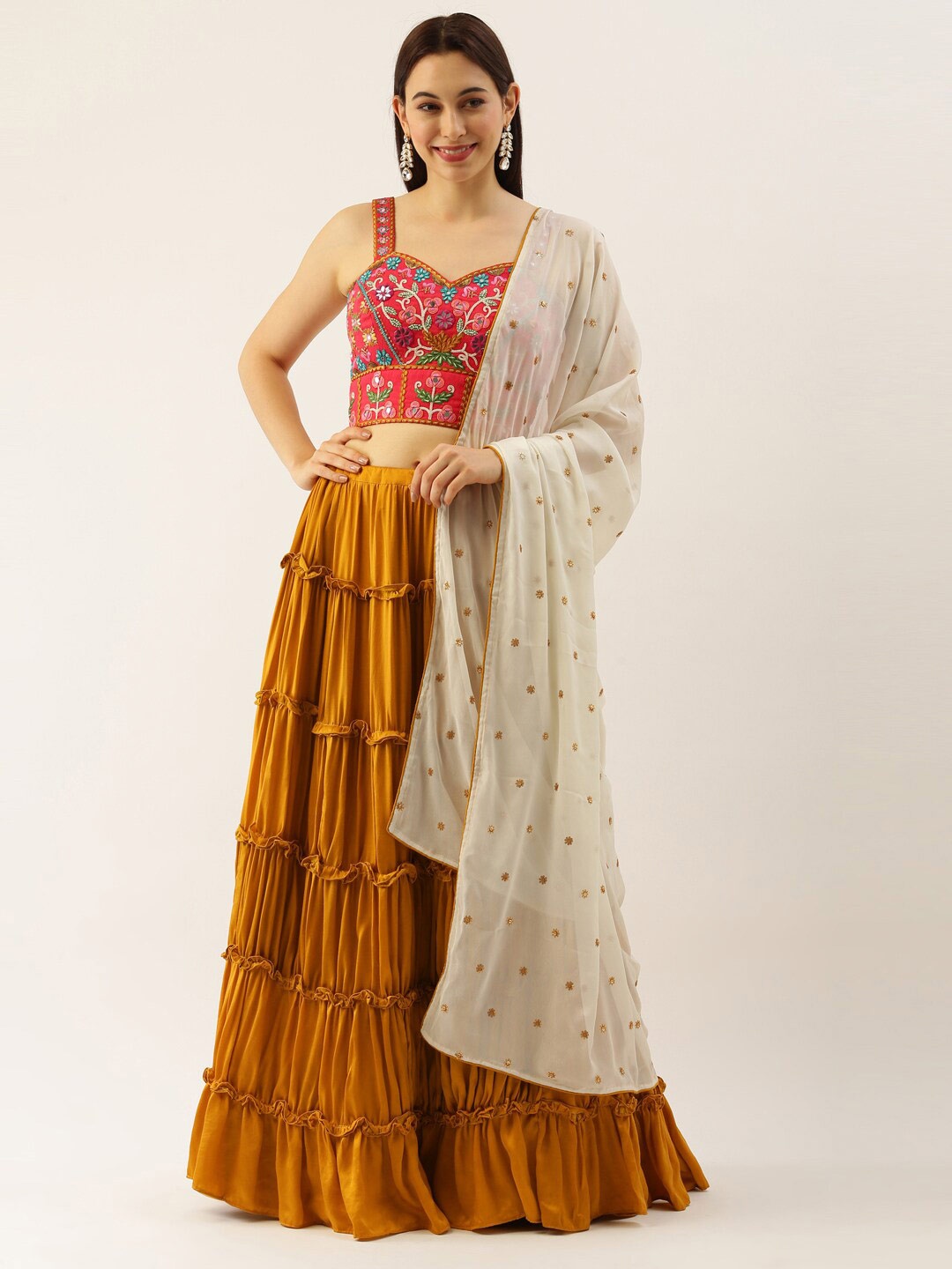 

panchhi Embroidered Thread Work Ready to Wear Lehenga & Blouse With Dupatta, Gold