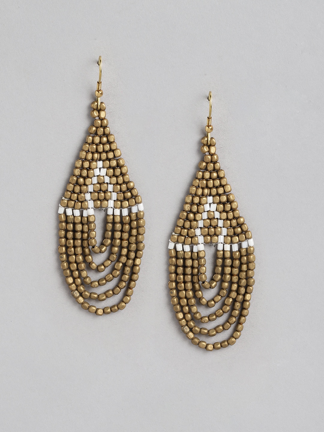 

Rang Gali Brass Plated & White Handmade Beaded Teardrop Shaped Drop Earrings, Bronze