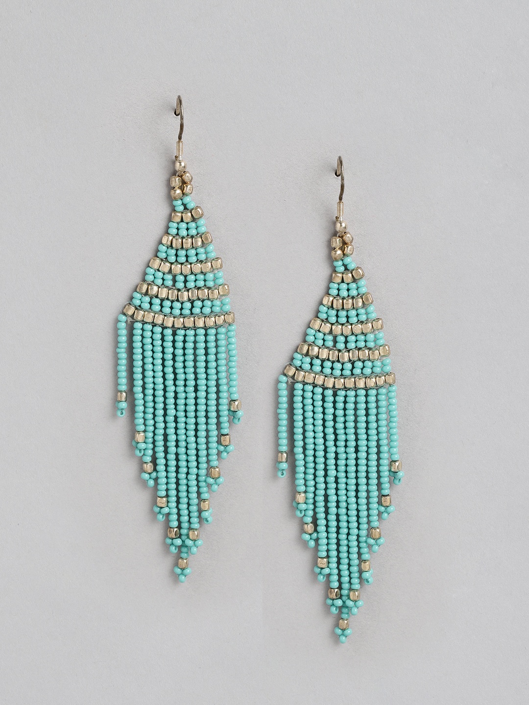 

Rang Gali Sea Green Handmade Brass Beaded Geometric Drop Earrings