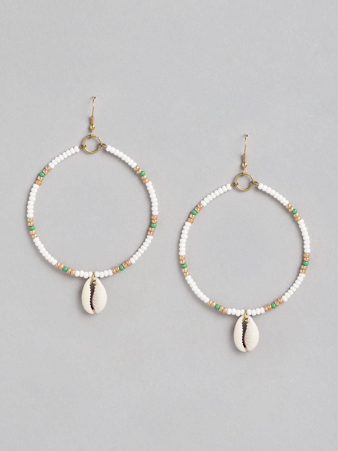 

Rang Gali White & Green Handmade Shell Beaded Circular Drop Earrings