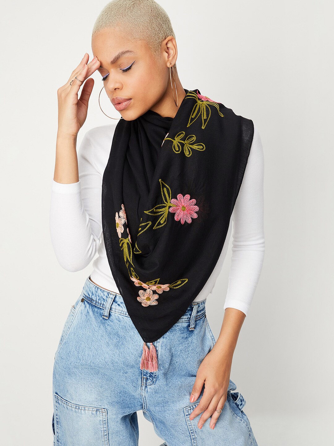 

max Women Embroidered Scarf, Black