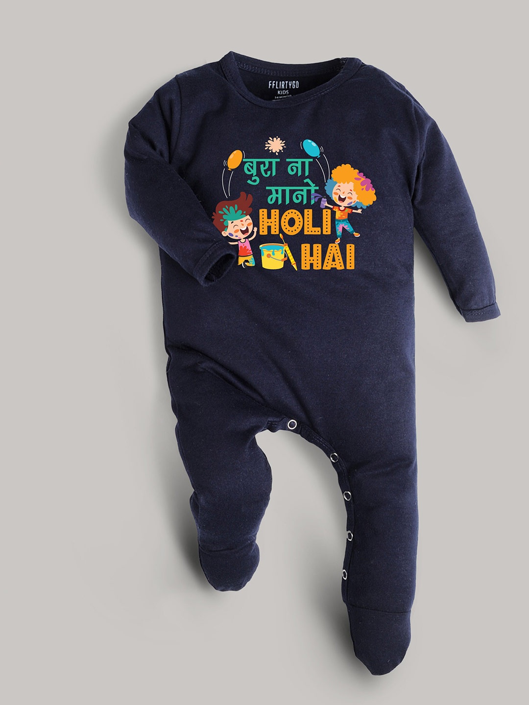 

FFLIRTYGO Infants Kids Holi Printed Pure Cotton Sleepsuit, Navy blue