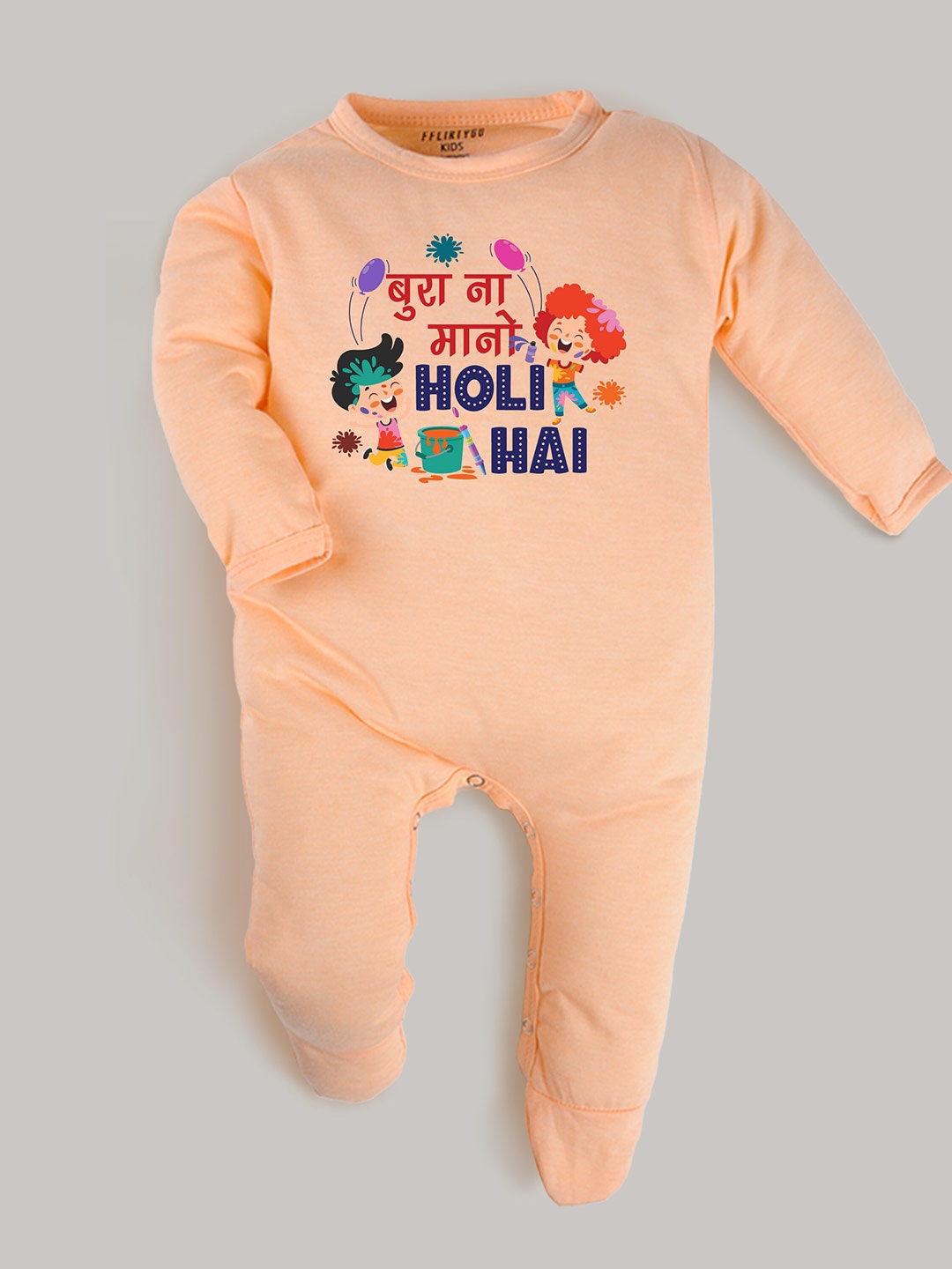 

FFLIRTYGO Infants Kids Holi Printed Pure Cotton Sleepsuit, Peach
