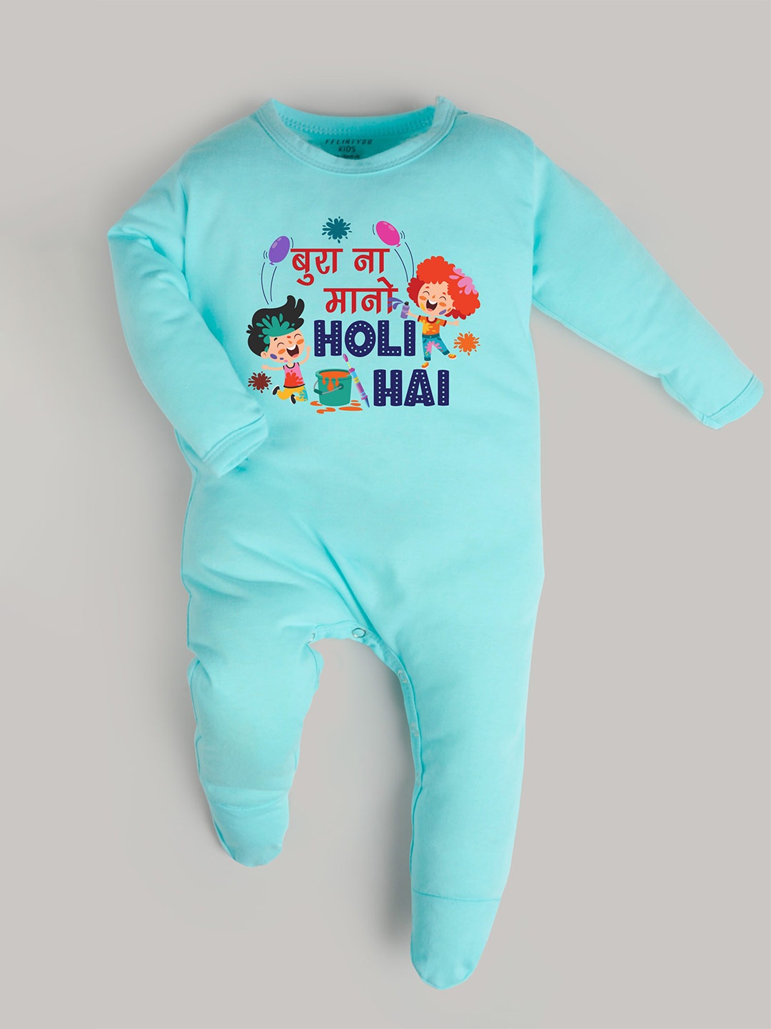 

FFLIRTYGO Infants Kids Holi Printed Pure Cotton Sleepsuit, Turquoise blue