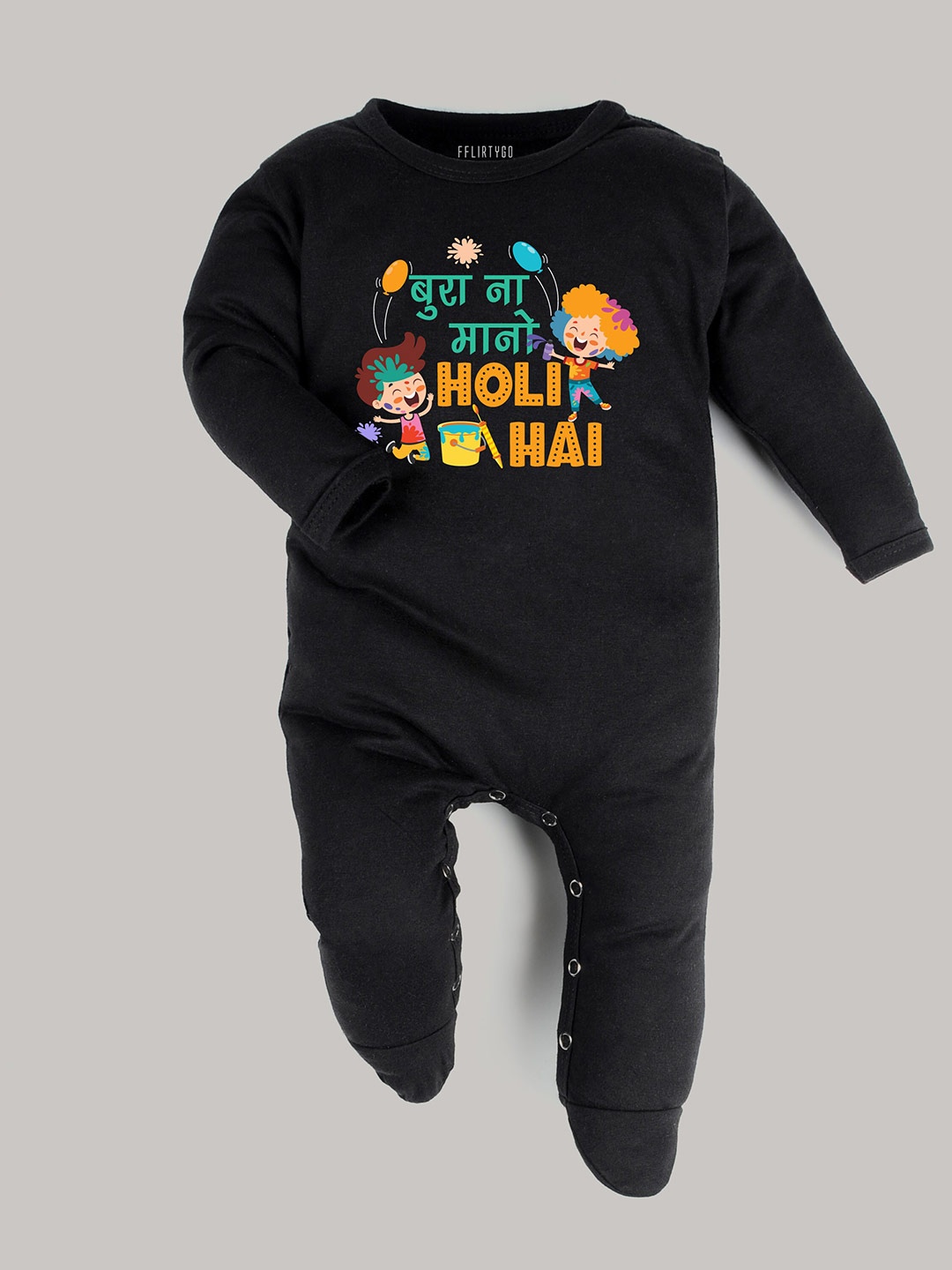 

FFLIRTYGO Infants Kids Holi Printed Pure Cotton Sleepsuit, Black
