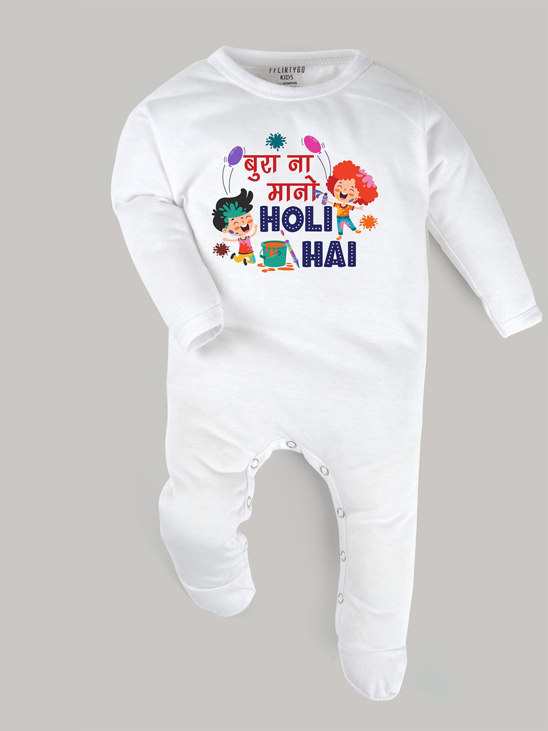 

FFLIRTYGO Infants Kids Holi Printed Pure Cotton Sleepsuit, White