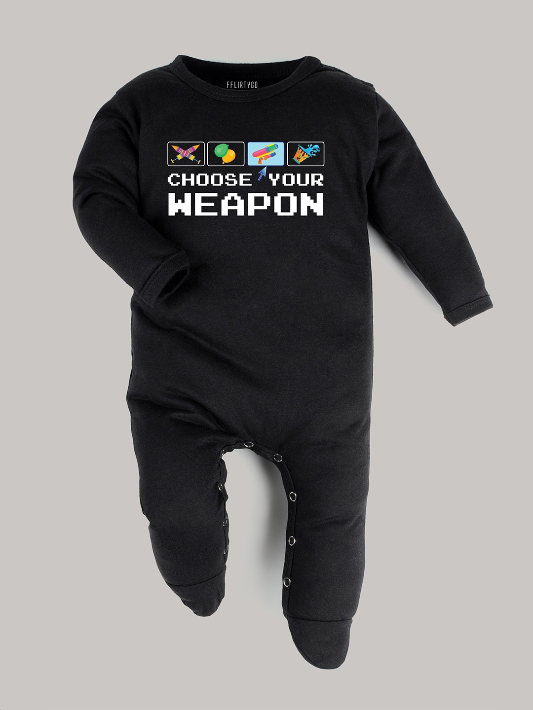 

FFLIRTYGO Infants Holi Printed Pure Cotton Sleepsuit, Black