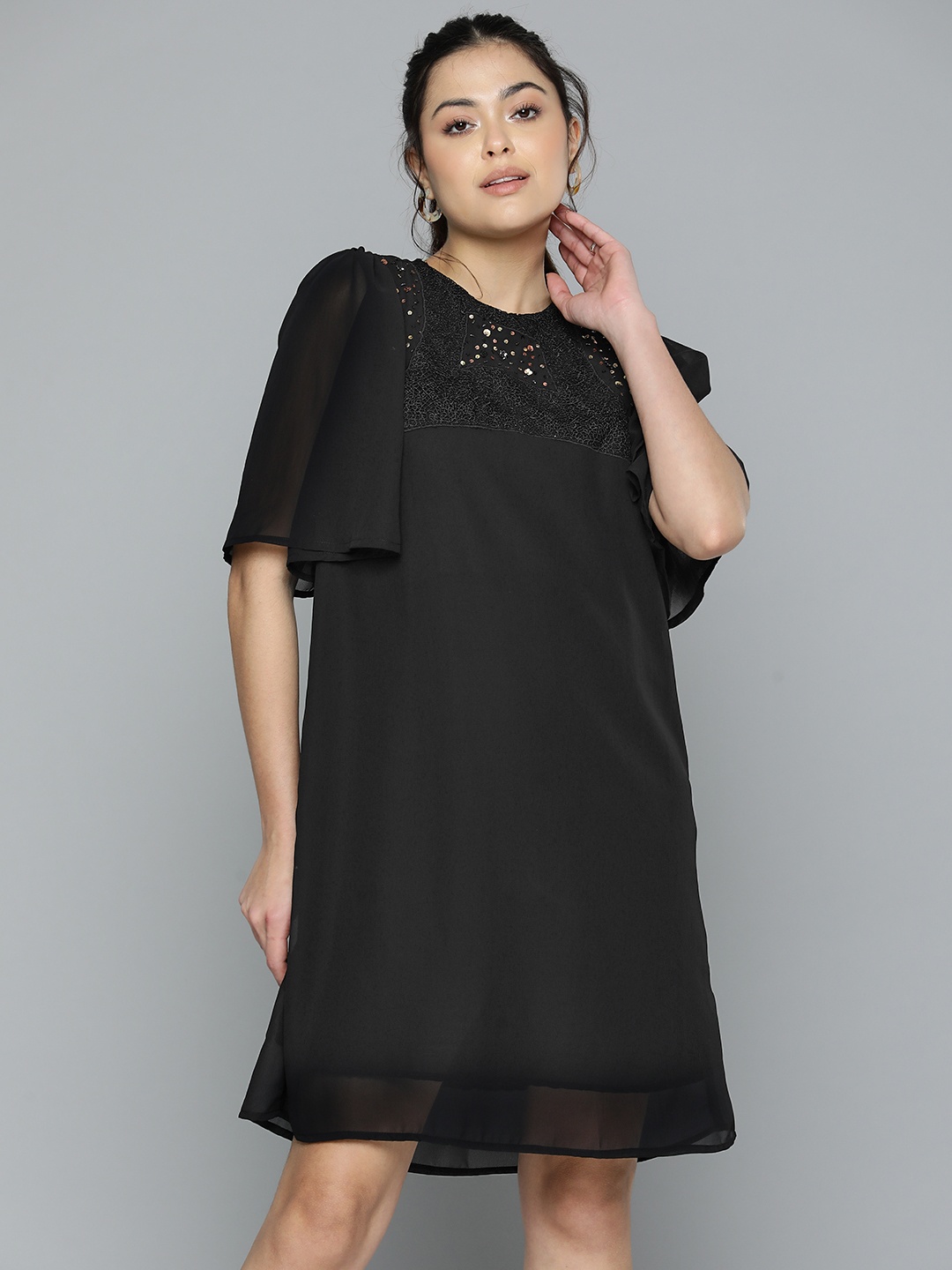 

SCOUP Embellished Georgette A-Line Dress, Black