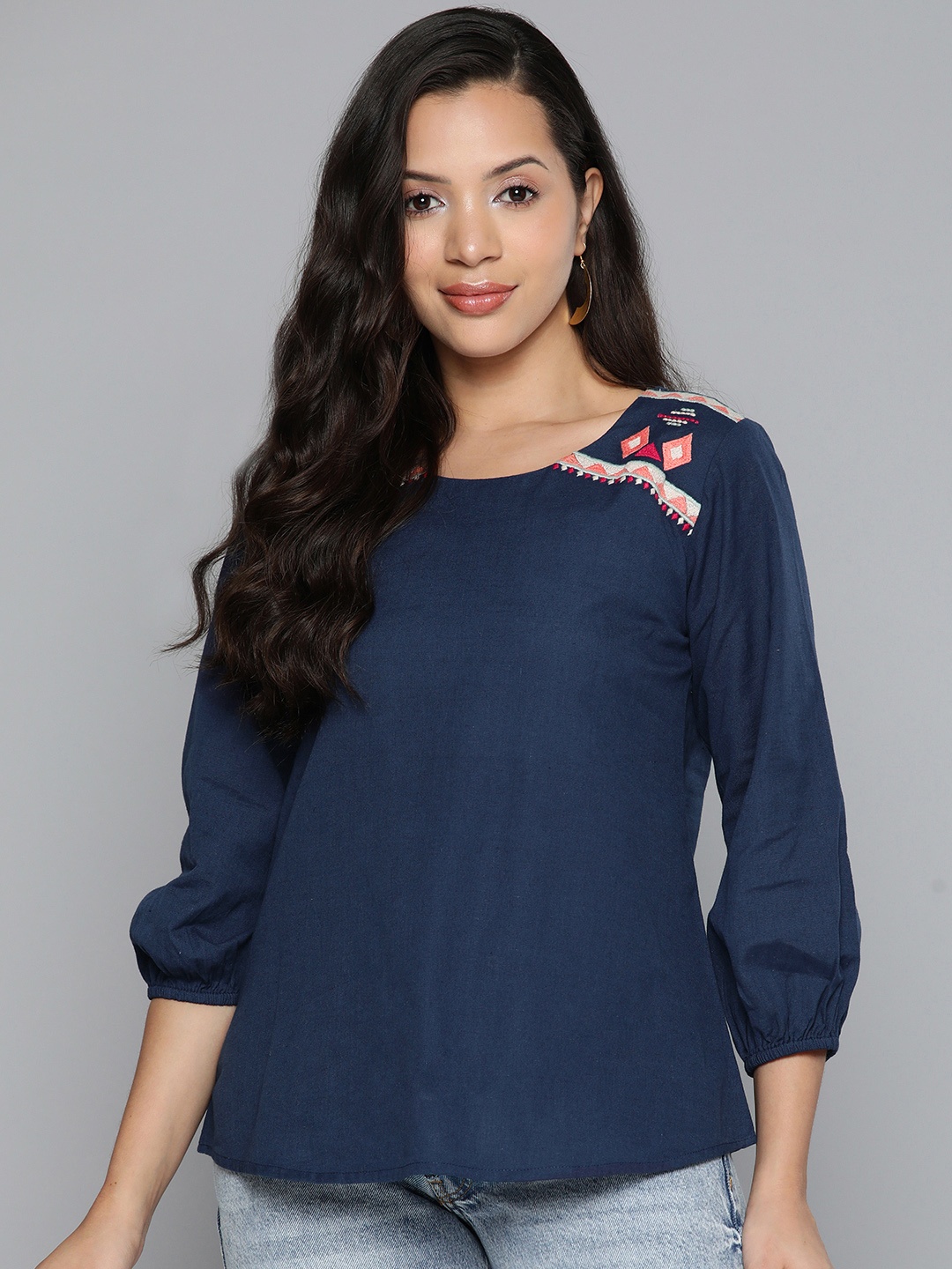 

SCOUP Geometric Embroidered Puff Sleeves Longline Top, Navy blue