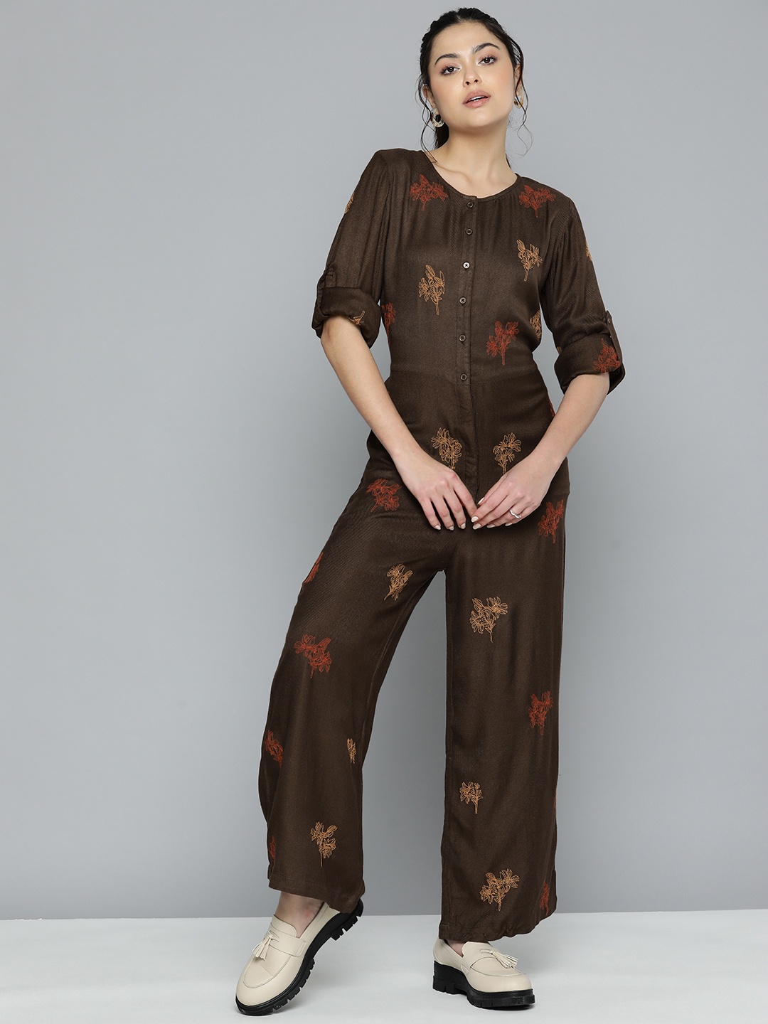 

SCOUP Linen Basic Jumpsuit with Embroidered Detail, Brown