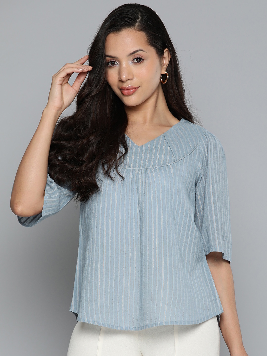 

SCOUP Striped Flared Sleeves Top, Blue