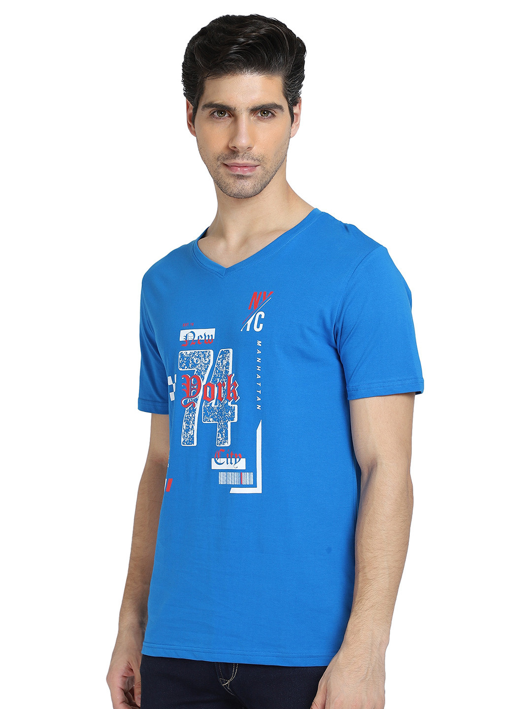 

DYCA Men Typography Printed V-Neck Cotton T-shirt, Blue